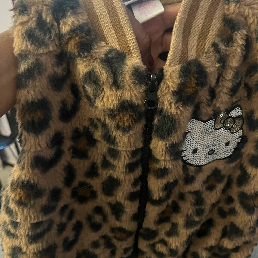 Leopard Print Faux Fur Kids Vest with Sequin Kitty Patch